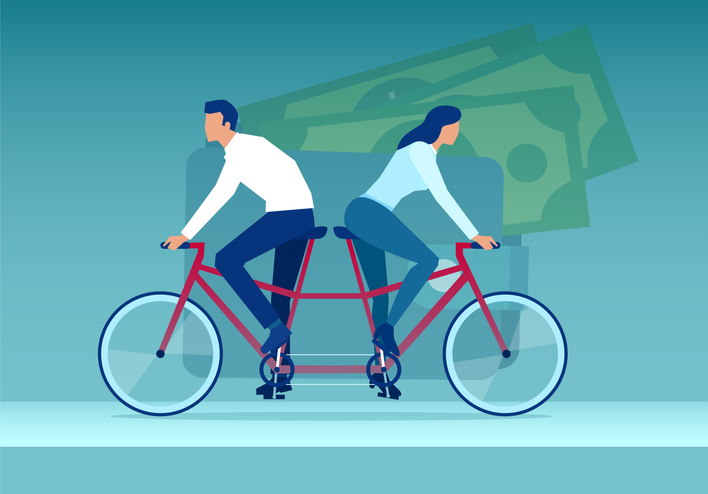 Man and wife on bike with money