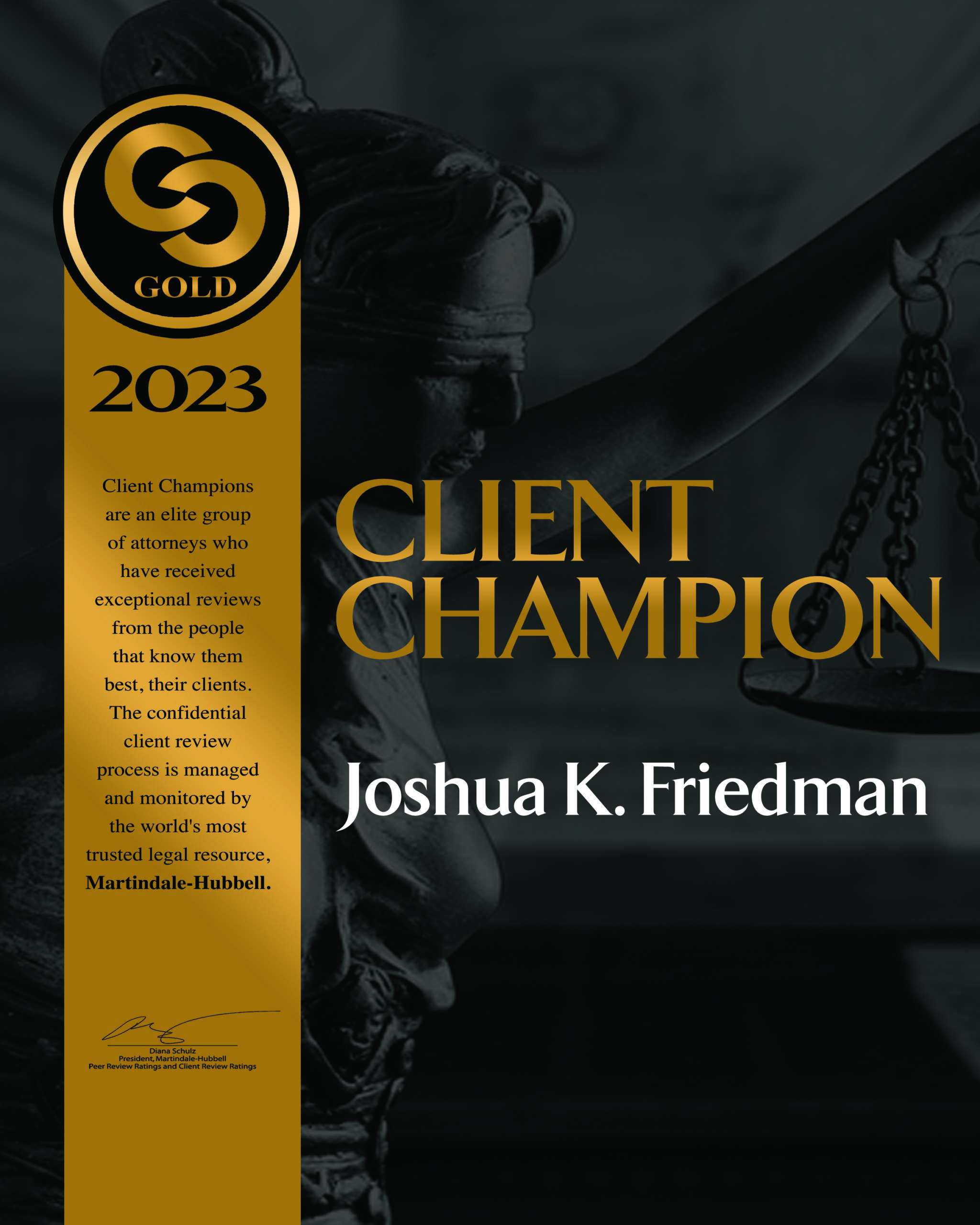 Board Certified Family Law Attorney Joshua Friedman Named a “Gold Client Champion” by Martindale-Hubbell