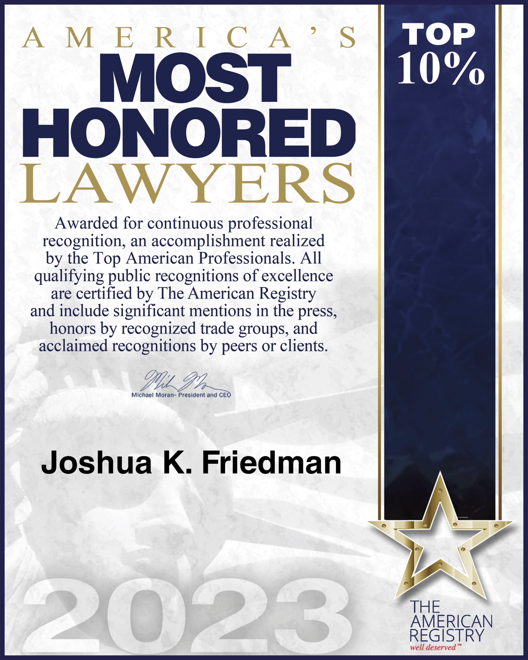 Board Certified Family Law Attorney Joshua Friedman Awarded “America’s Most Honored Lawyers” in 2023